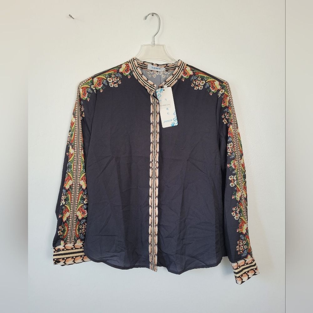 NEW Black Floral Abstract Blouse Top Asian Office Career Boho Indie Oriental 14 - Picture 6 of 12
